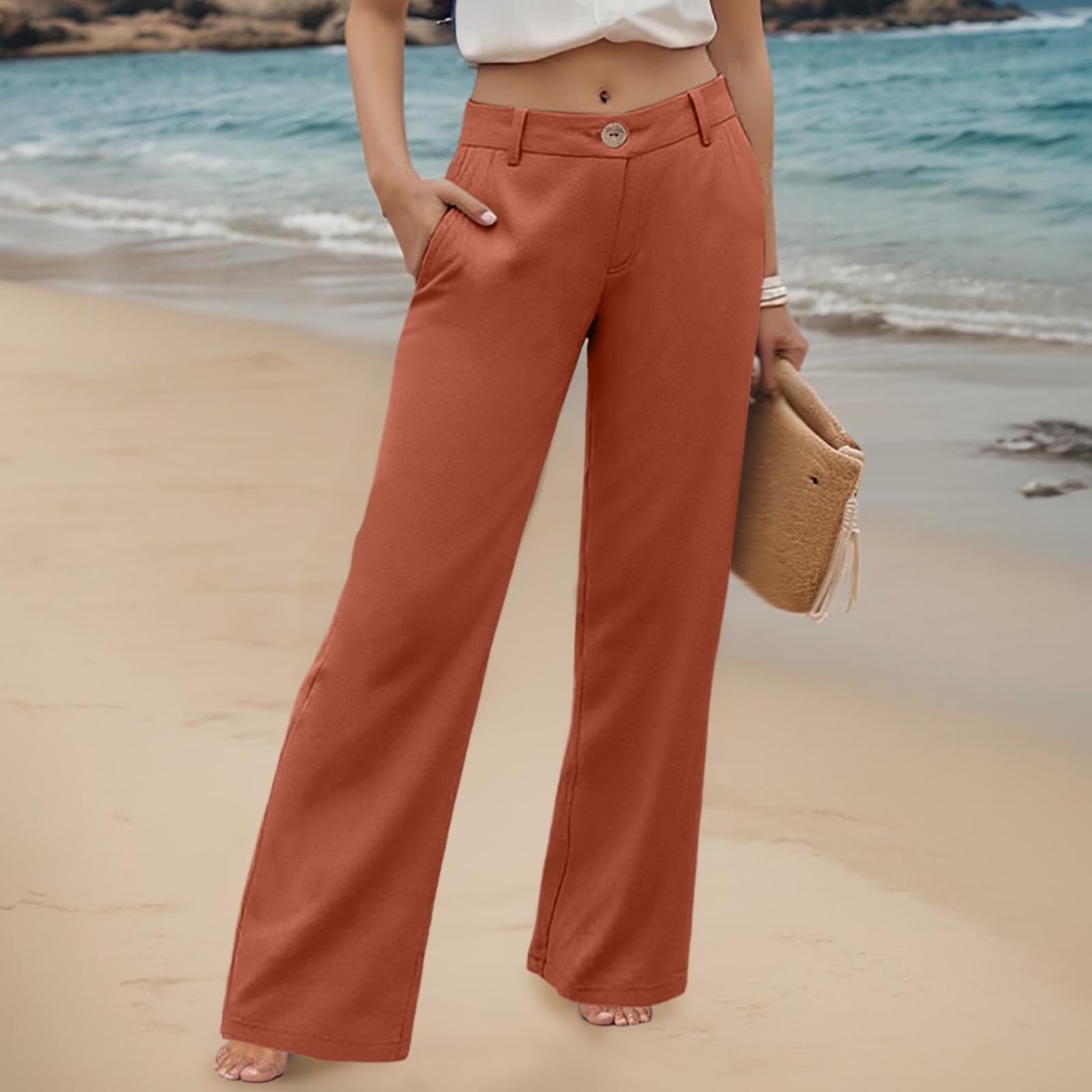 thumbnail image 2 of Pantalones palazzo de cintura alta para mujer - Pierna ancha, bolsillos - Informal/Mezcla de lino - Pantalones de moda - S-XXL, 2 of 5